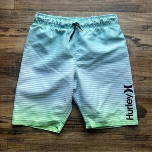 Hurley Boys Board Shorts Swim Trunks 7/8 Pull On Blue Green Striped Drawstring